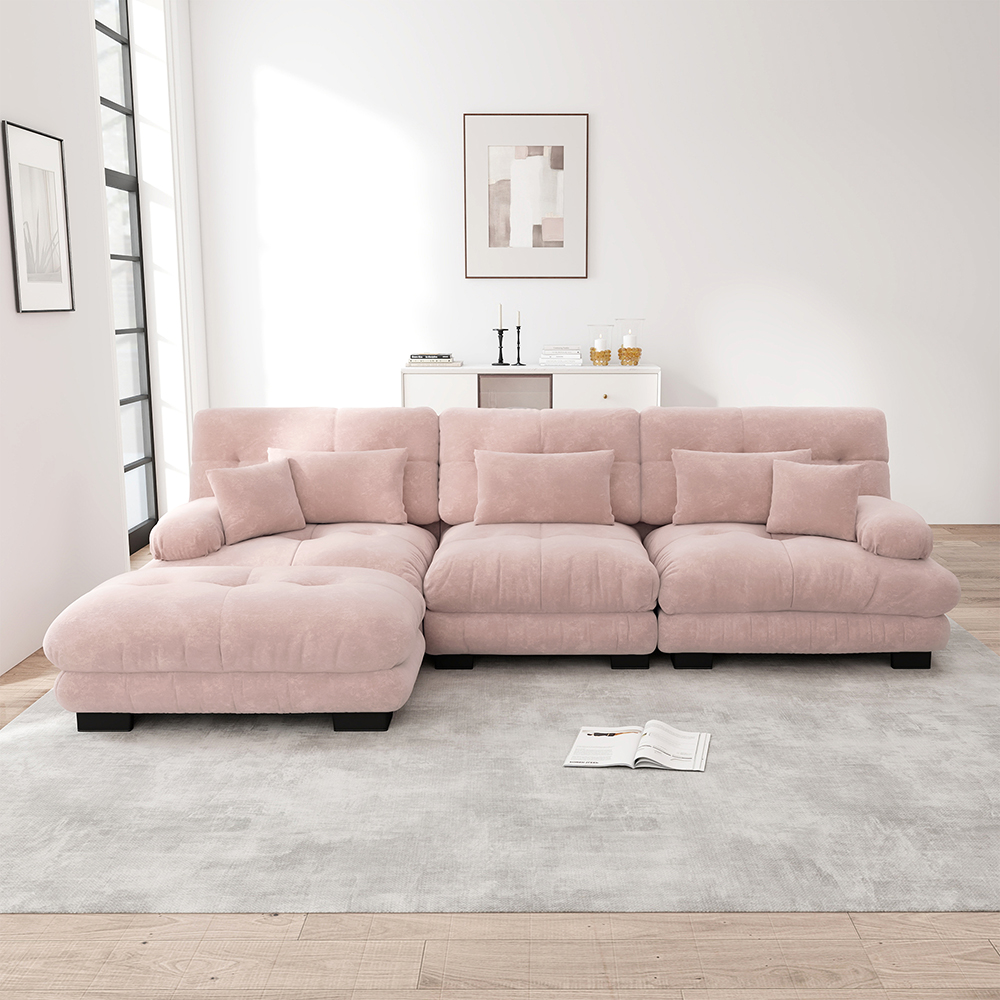 Sofá,forma de l, reposapiés, terciopelo, rosa