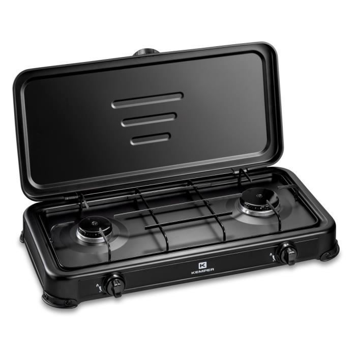 Fogão a gás portátil 2 bocas 2600w preto tampa placa de cozimento kemper