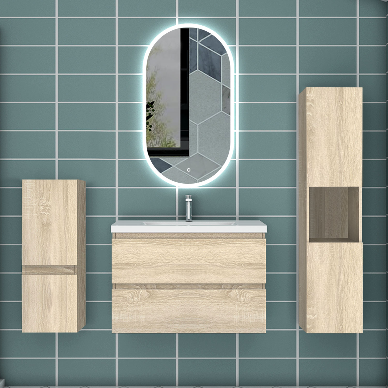 Mueble de baño aica 79×44,5cm,roble con espejo y armario lateral