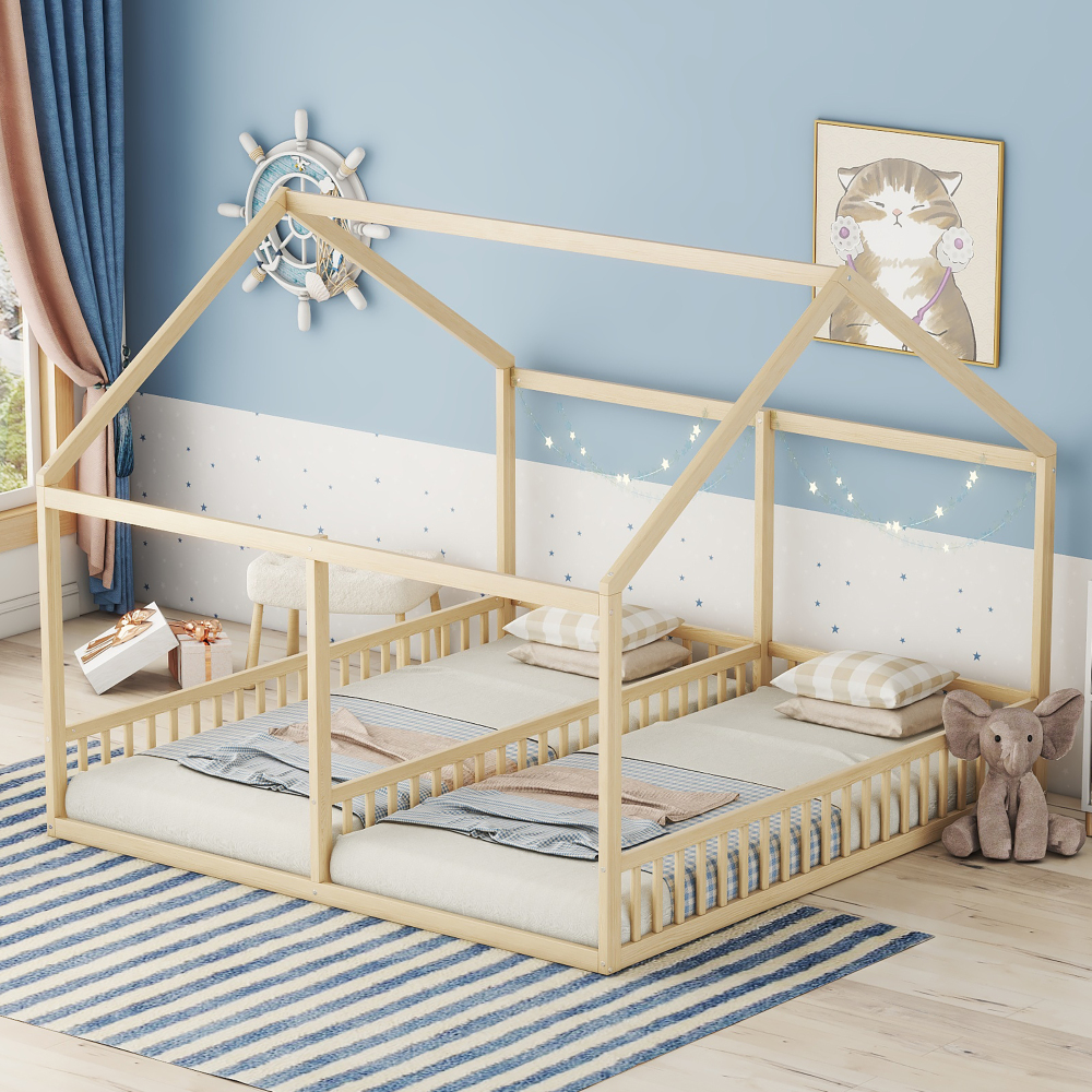 Cama casita 2 en 1 90x200 cm con barandilla pino y mdf – color natural