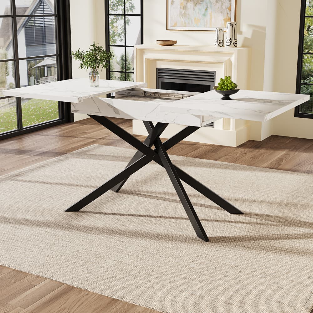 Mesa de comedor extensible mdf blanco marmoleado, metal negro 76,5x120x80cm