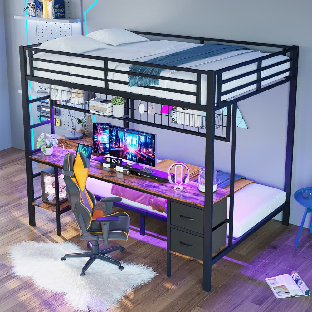 Cama alta 90/140x200cm con escritorio y cajones LED y usb metal+mdf – negro