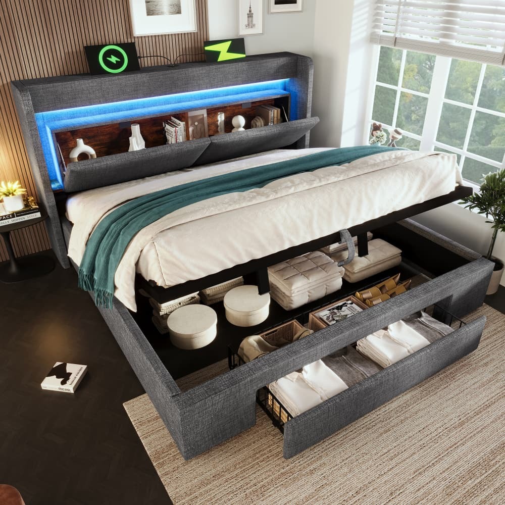 Cama tapizada 160x200cm con almacenaje hidráulico LED y usb lino – gris