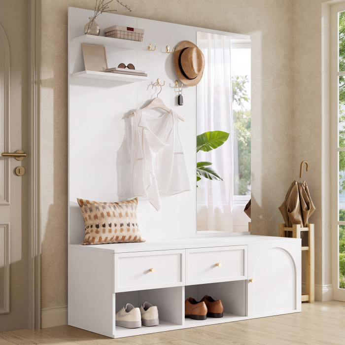 Mueble recibidor multifunción con espejo y 5 ganchos blanco 159x120x35cm