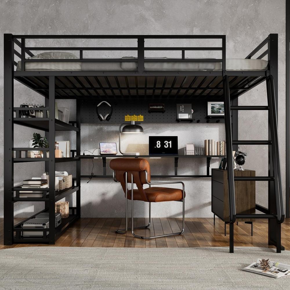 Cama altillo metálica 140x200cm con estantes y puerto de carga negro