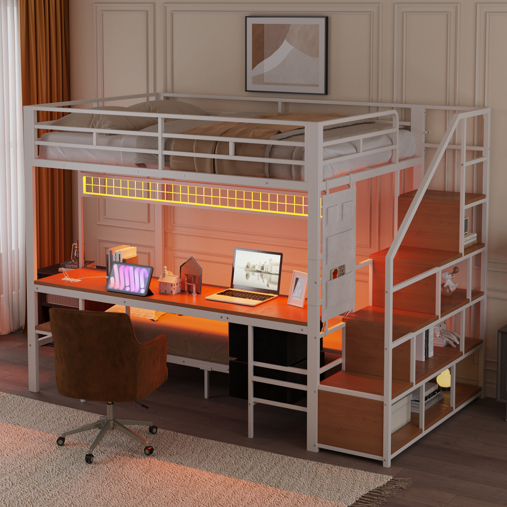 Cama alta 90/140x200cm con escritorio, LED y almacenaje metal y mdf blanco