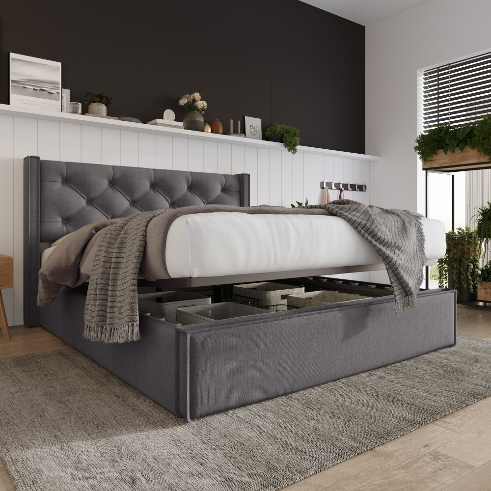Cama Doble Tapizada 140x200cm con Canapé Hidráulico Algodón – Gris