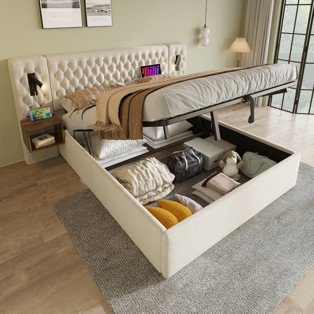 Cama doble 180x200cm con canapé, 2 mesitas y luces con usb terciopelo beige