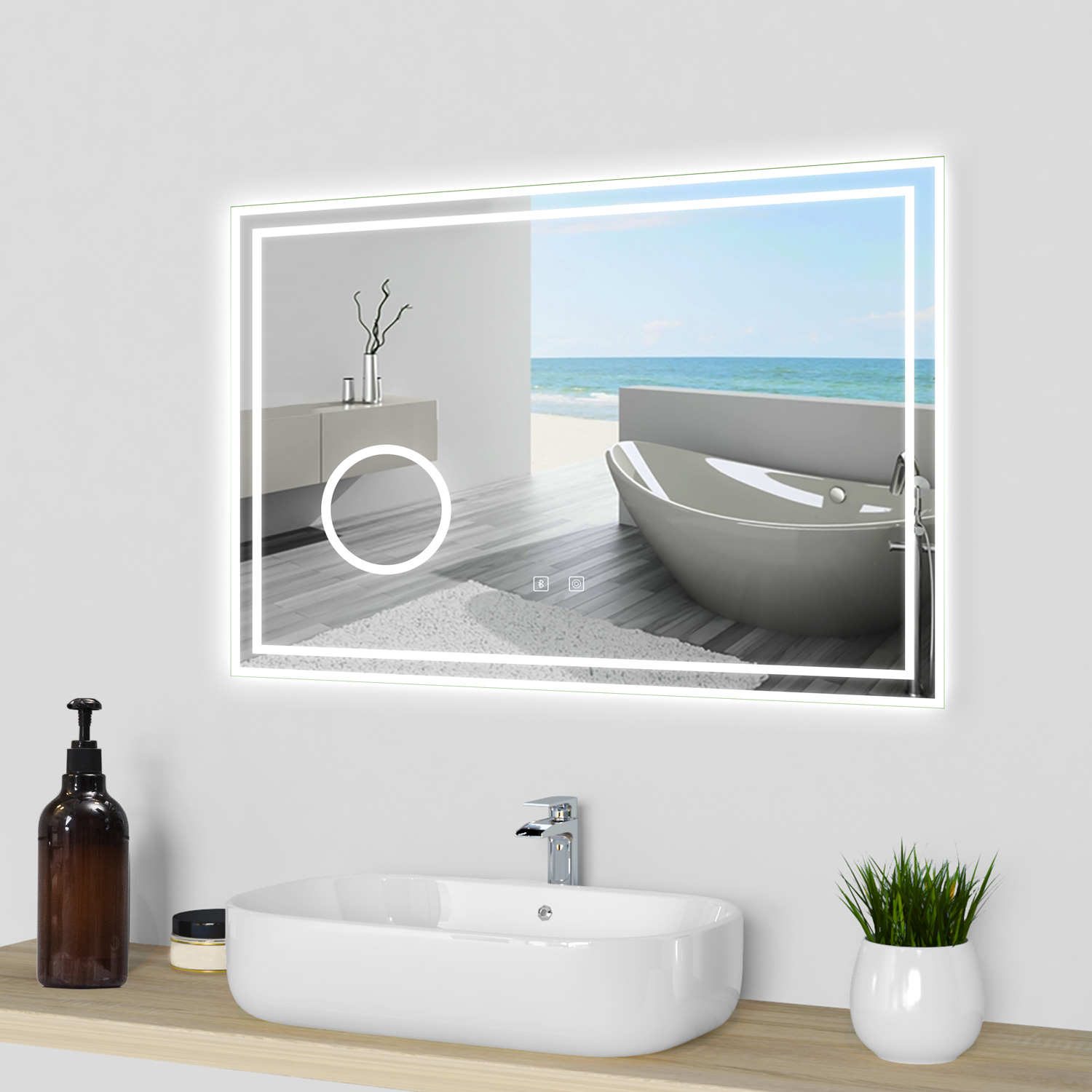 Espejo de baño LED 80×60cm + bluetooth + espejo de aumento