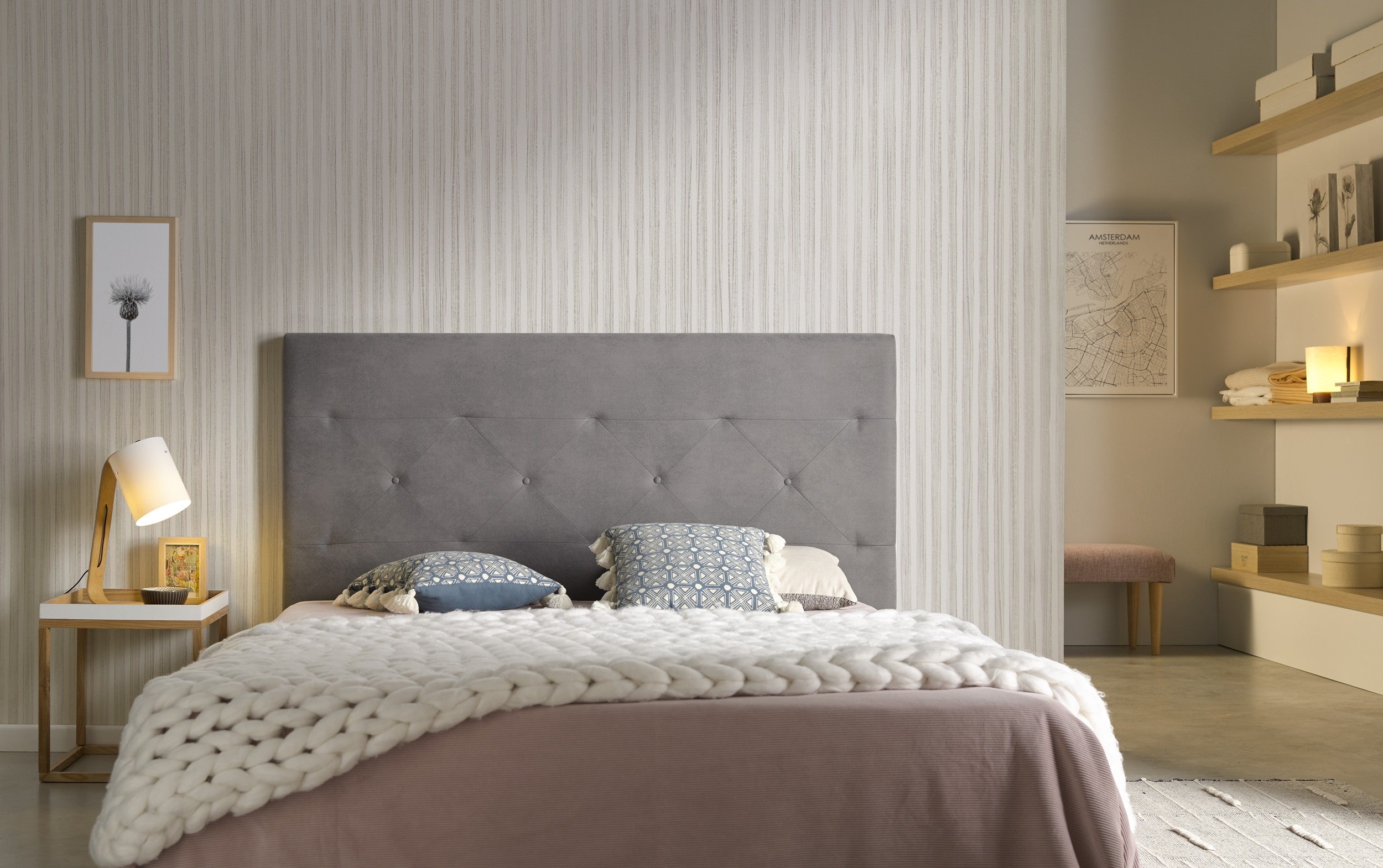 Cabecero zafiro para cama de 150 de tela gris 154x115x8.