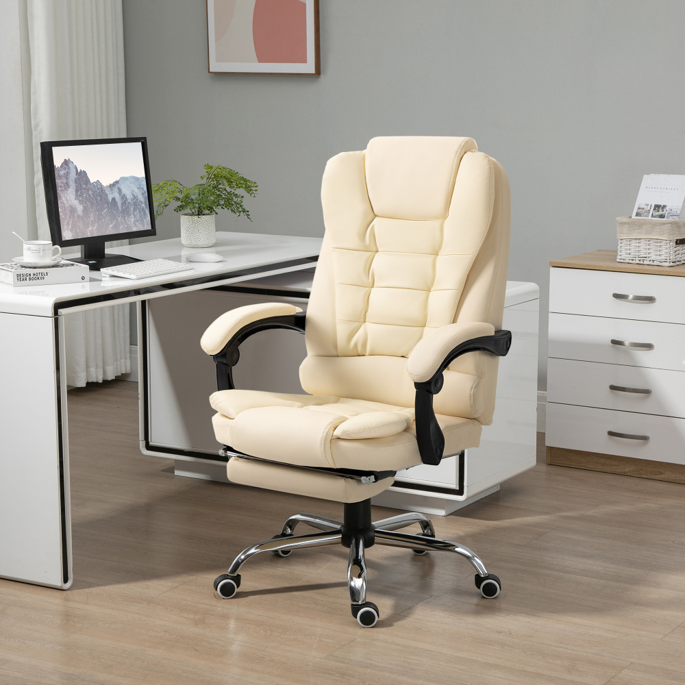 Silla de oficina reclinable 64.5x69x109-117cm polipiel crema con reposapiés