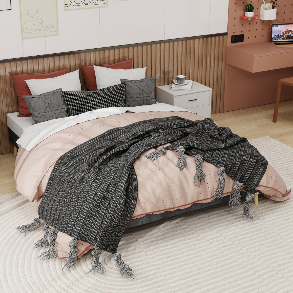 Cama tapizada 160x200 cm estructura baja tela y metal – color gris