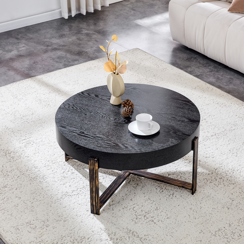 Mesa de centro redonda estilo industrial mdf y metal negro 36x68x68cm