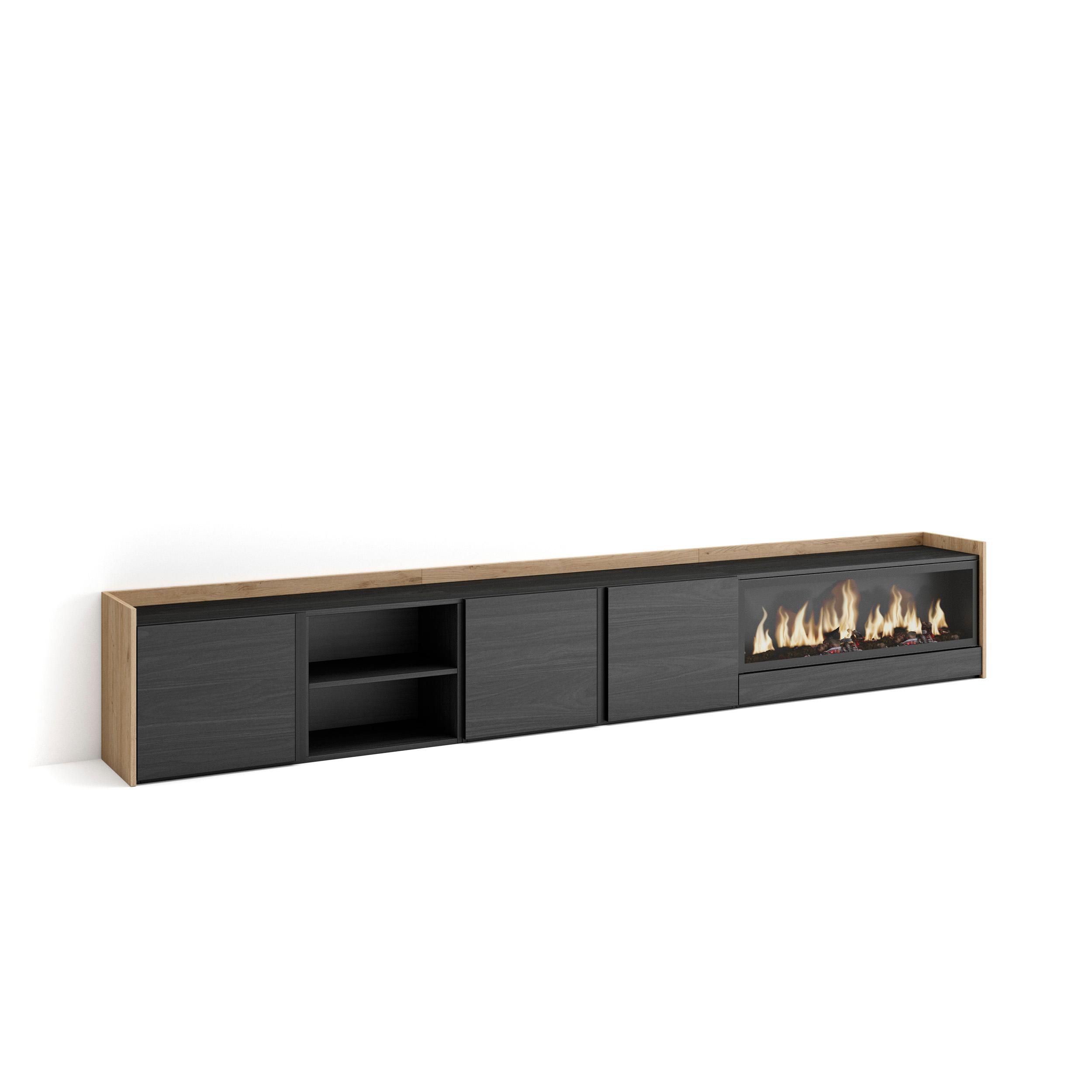 Mueble tv, 315x35x50cm, negro y roble, chimenea eléctrica xxl rf4740