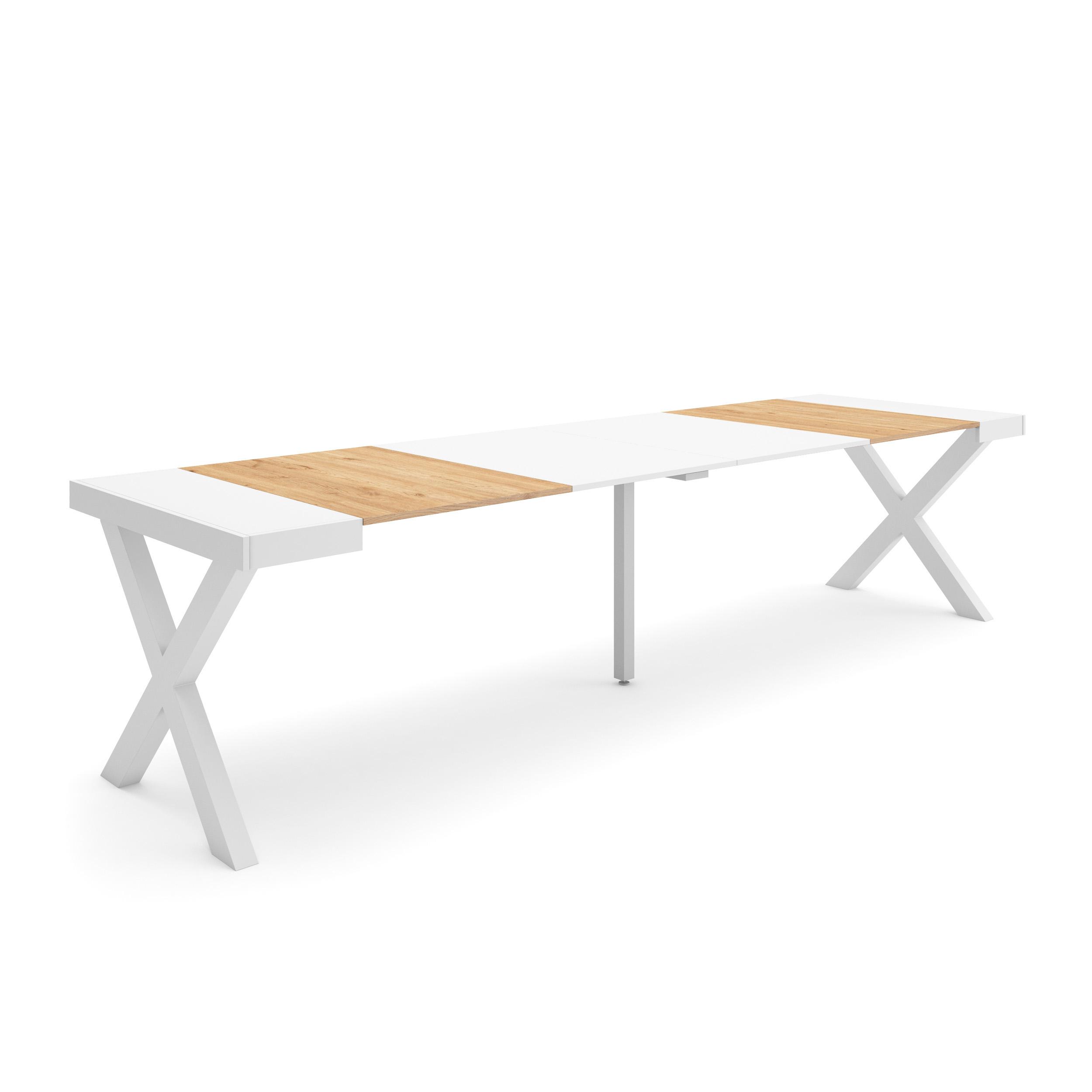 Mesa extensible, 58/302x90x73cm, roble y blanco, patas madera maciza rf2824