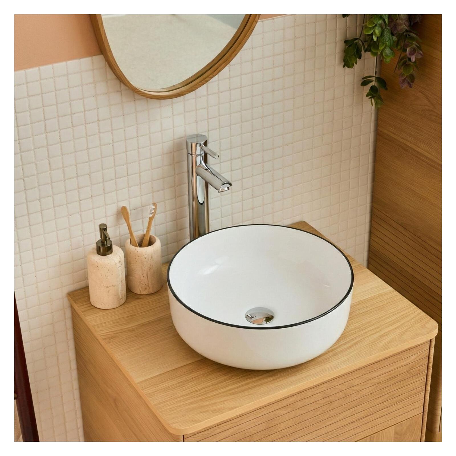 Lavabo sobre encimera redondo de cerámica con borde, 37cm, diego