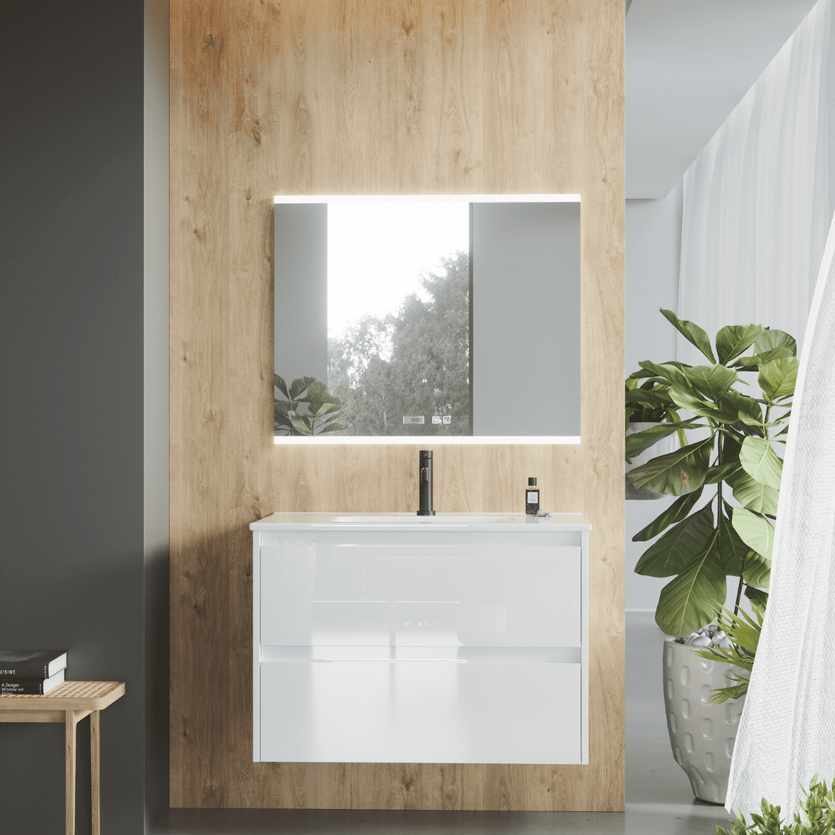 Mueble baño suspendido con lavabo cerámico| 2 cajones |60 cm blanco brillo