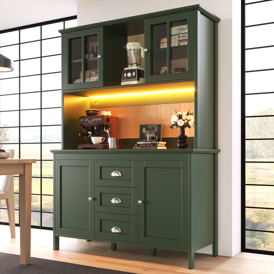 Aparador para cocina con LED y puertas de cristal marrón verde 179x120x40cm