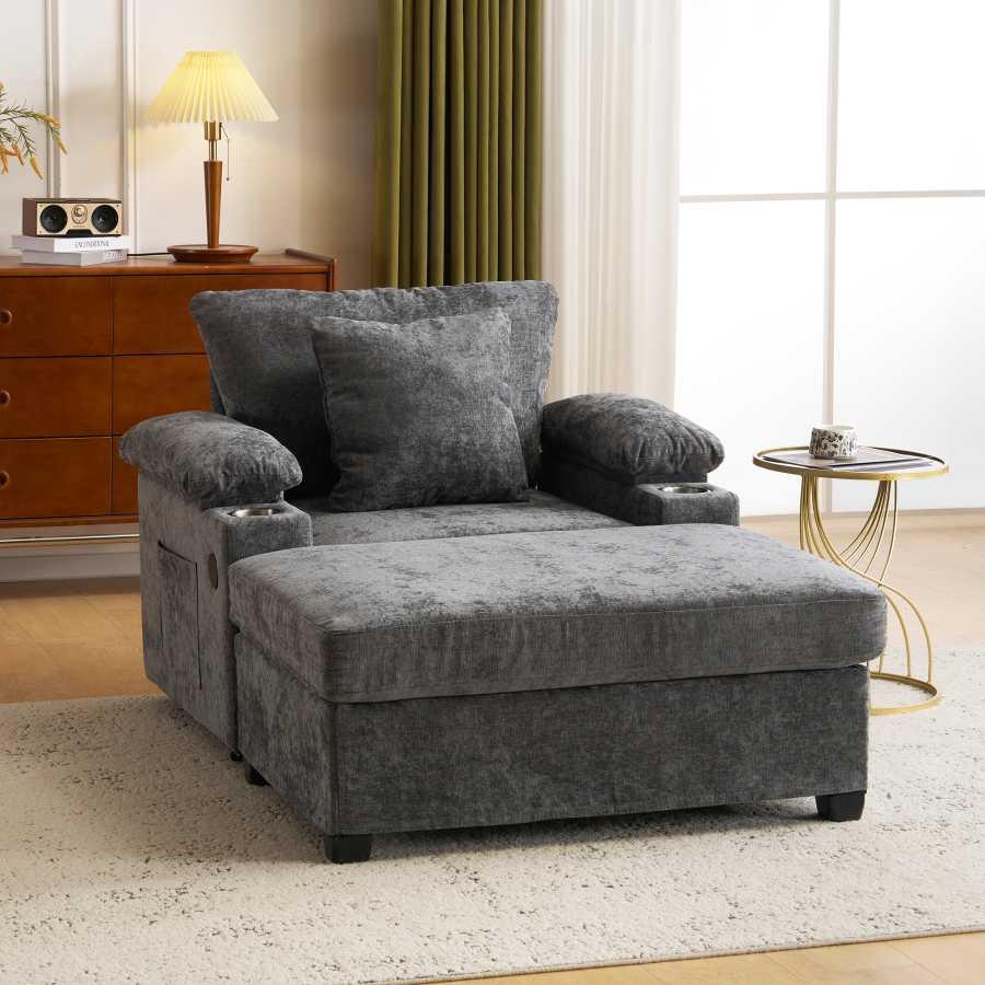 Sillón reclinable chenilla gris oscuro con portavasos y bolsillos laterales