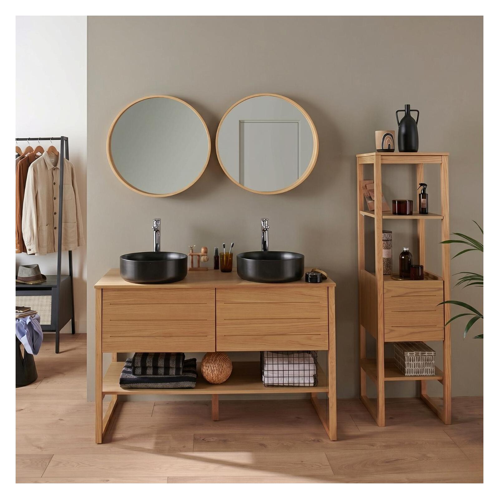 Mueble doble 120cm roble lavabos negros grifos espejos columna atoll