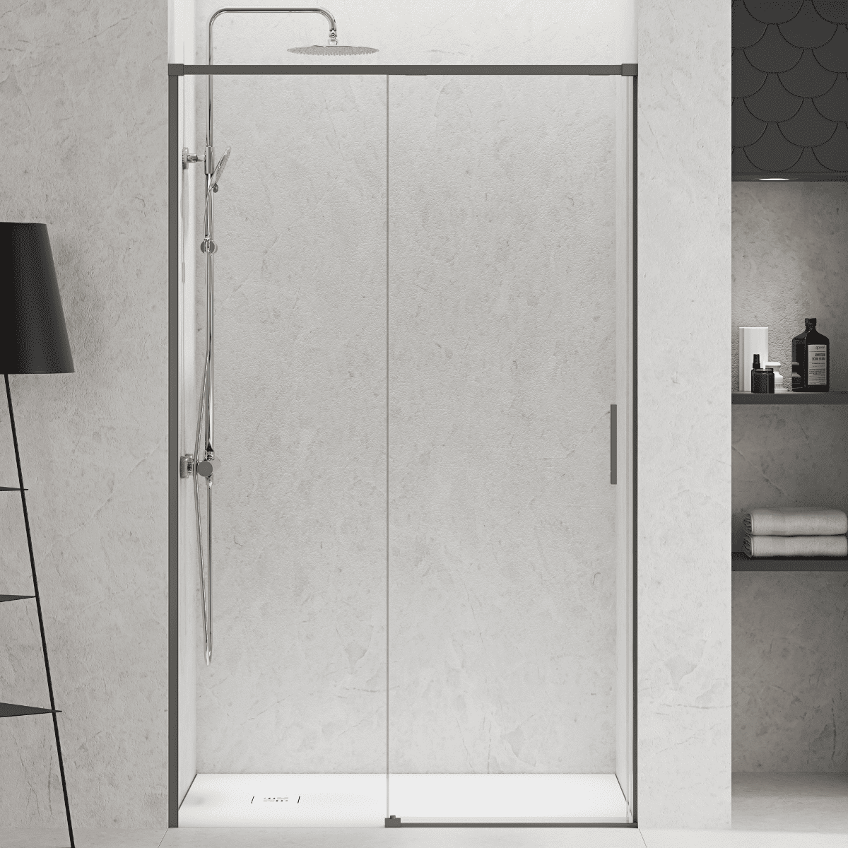 Mampara ducha frontal 1 puerta 1 fijo corredera| gun metal 155 cm
