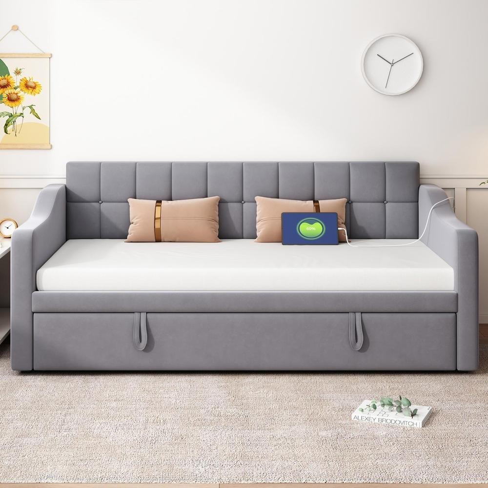 Canapé cama extensible 90x190cm con usb y almacenaje gris