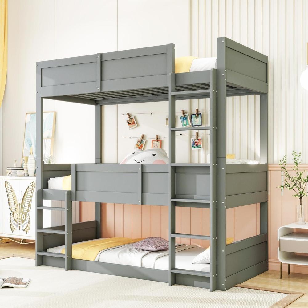 Litera triple 90x200cm infantil madera con barandilla alta gris