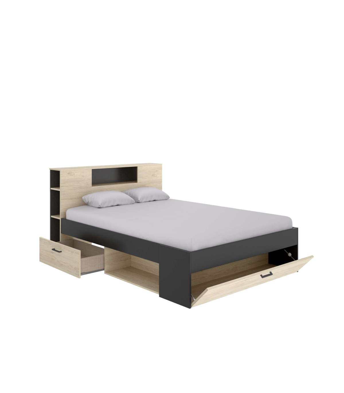 Cama compacta matrimonio con almacenamiento y librería integrada