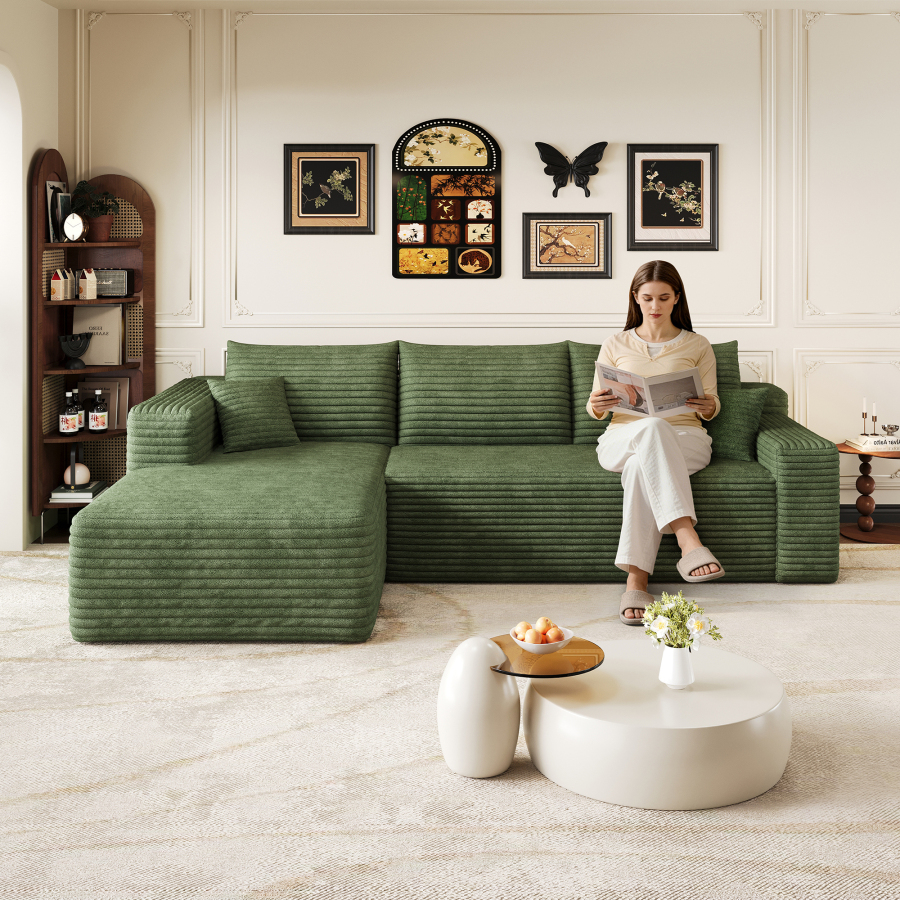 Sofá en l modular de tela verde 3 plazas con chaise longue