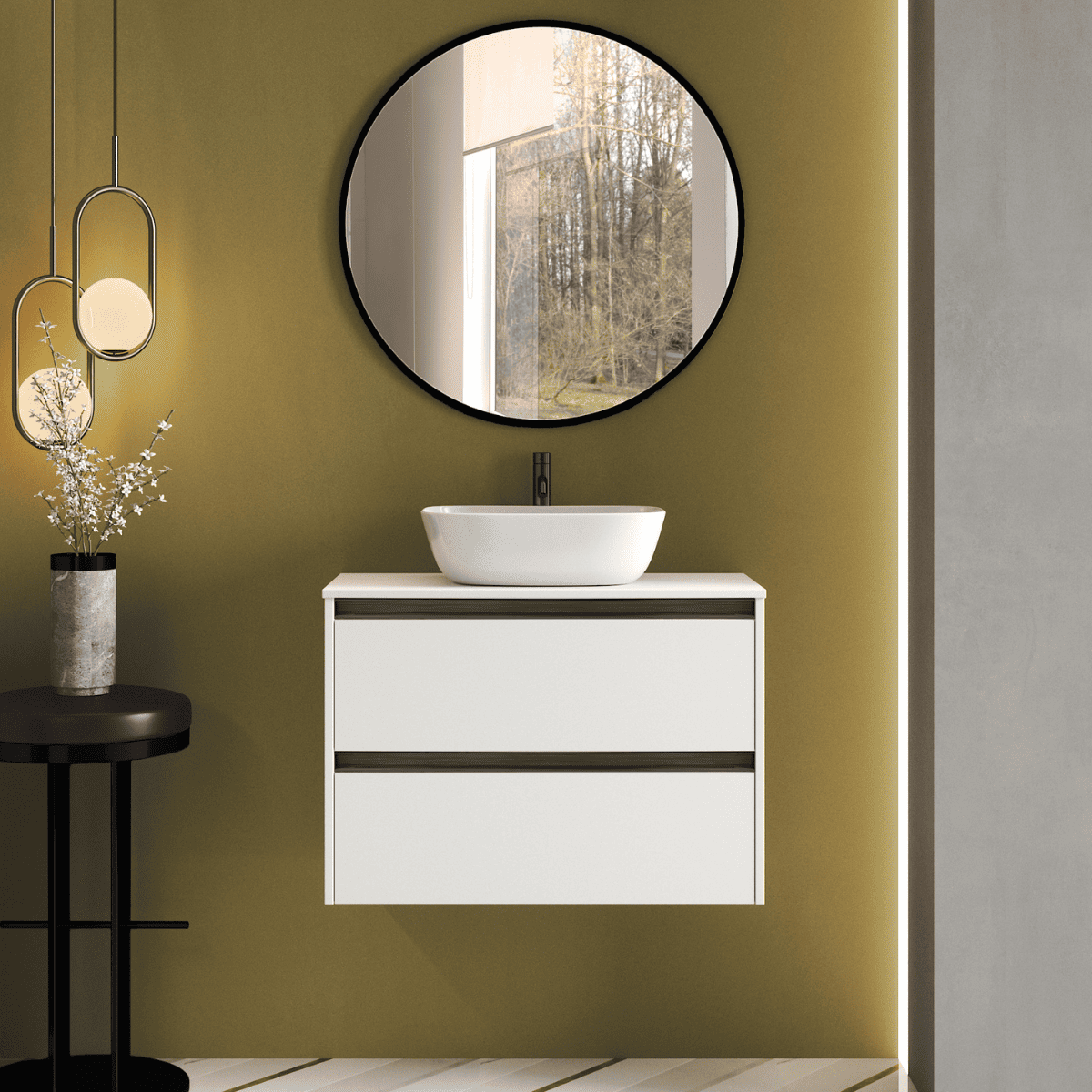 Mueble de baño susp. | lavabo |2 cajones | 60 cm blanco mate tir. Negro
