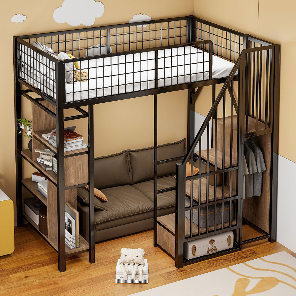 Cama alta 90x200cm con escalera de almacenaje y estantes metal – negro