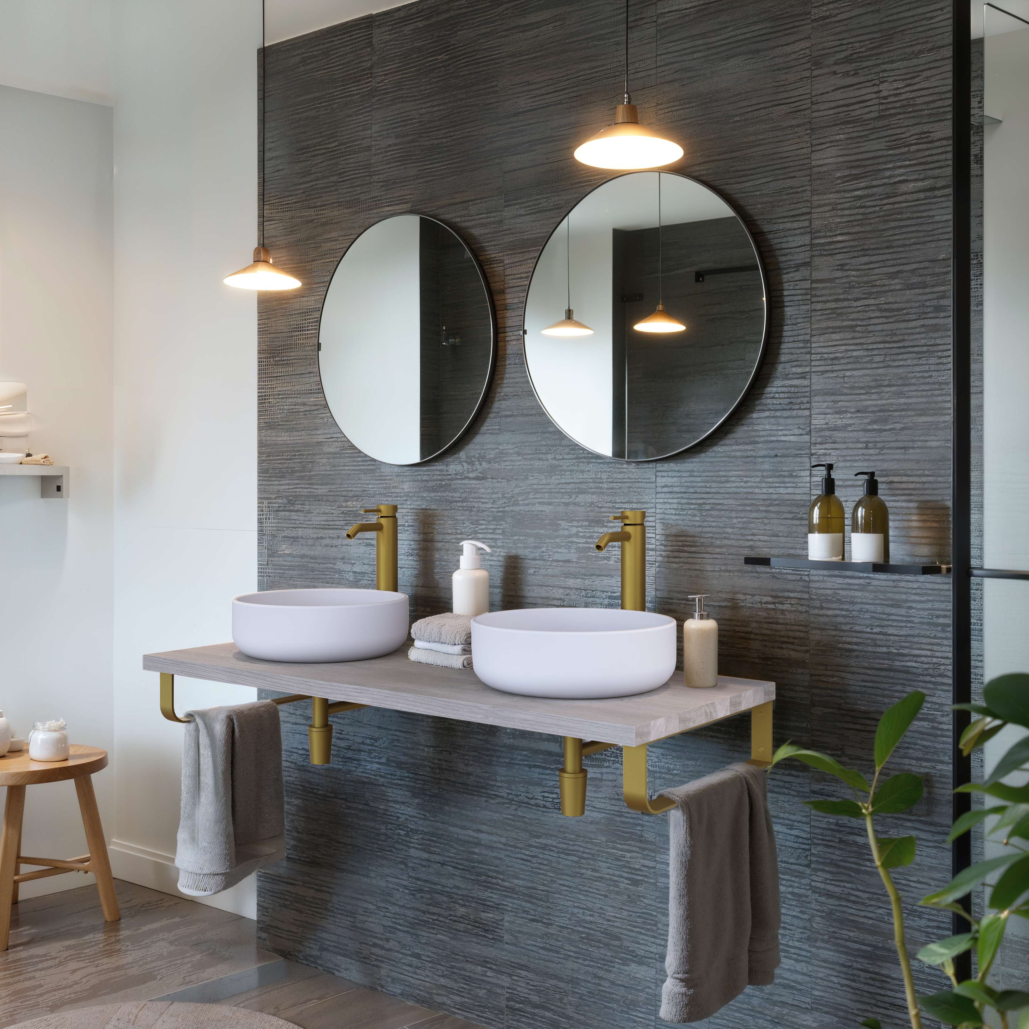 Encimera lavabo 121x49x3 cm chapa fresno natural con soportes oro