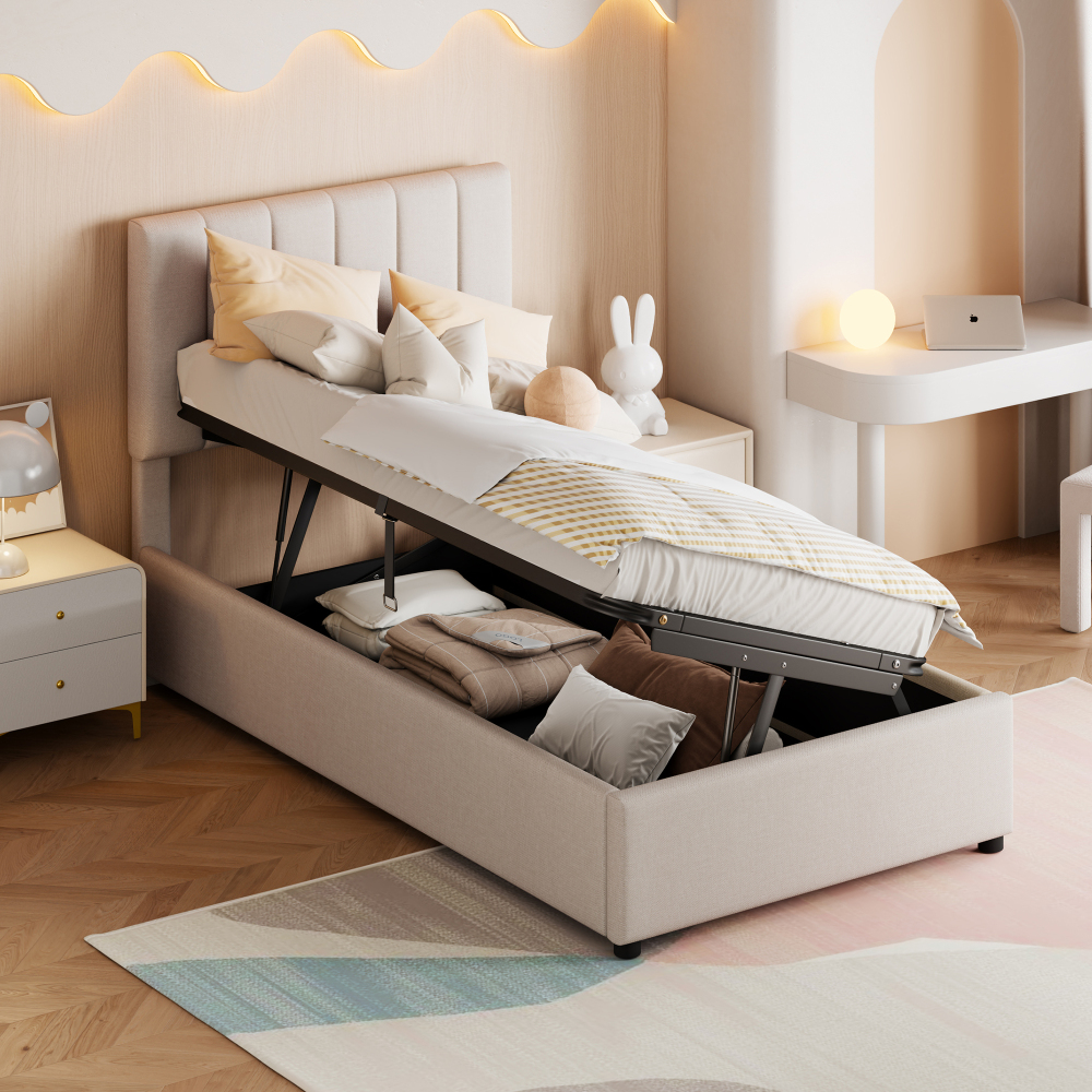 Cama tapizada 90x200cm con canapé hidráulico lino – beige