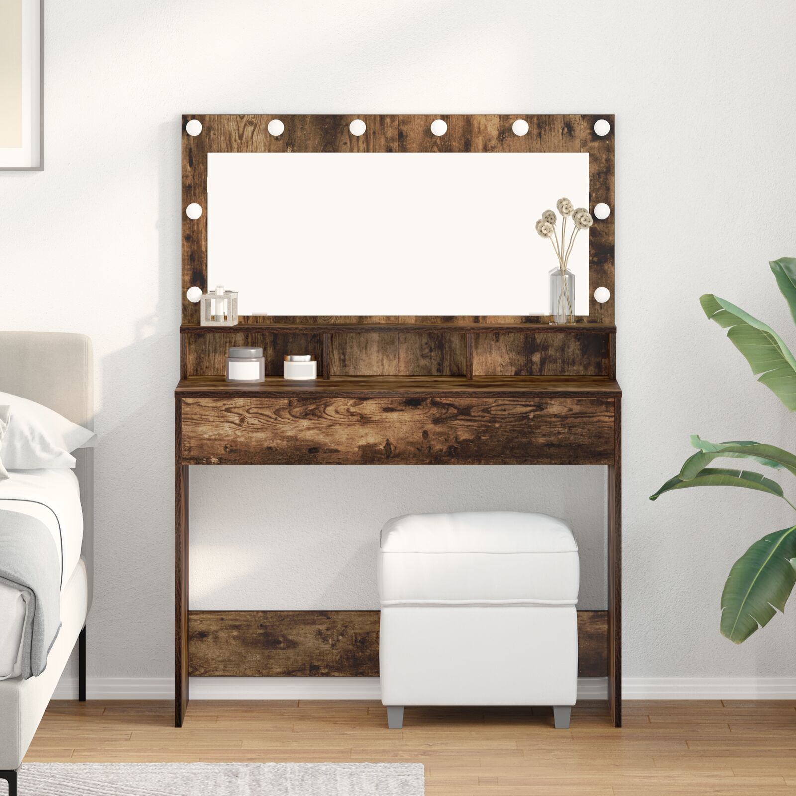 Mesa de maquillaje con luces LED en roble ahumado 100x41x135 cm oif608376