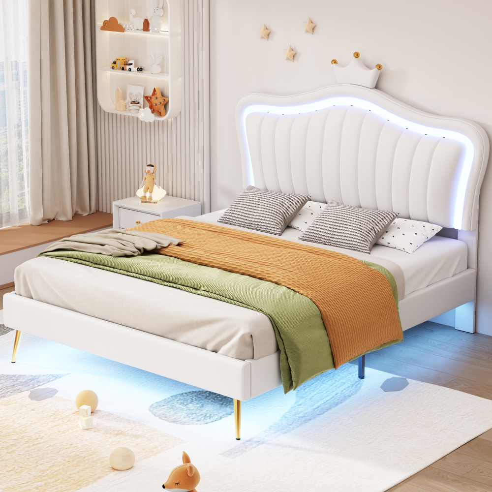 Cama tapizada 140x200cm con LED y cabecero ajustable pu – blanco