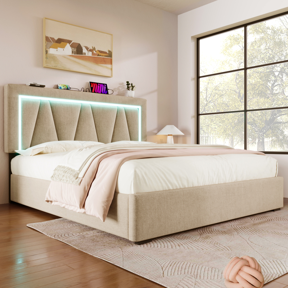 Cama tapizada 140x200cm con canapé hidráulico, LED y usb-c lino beige