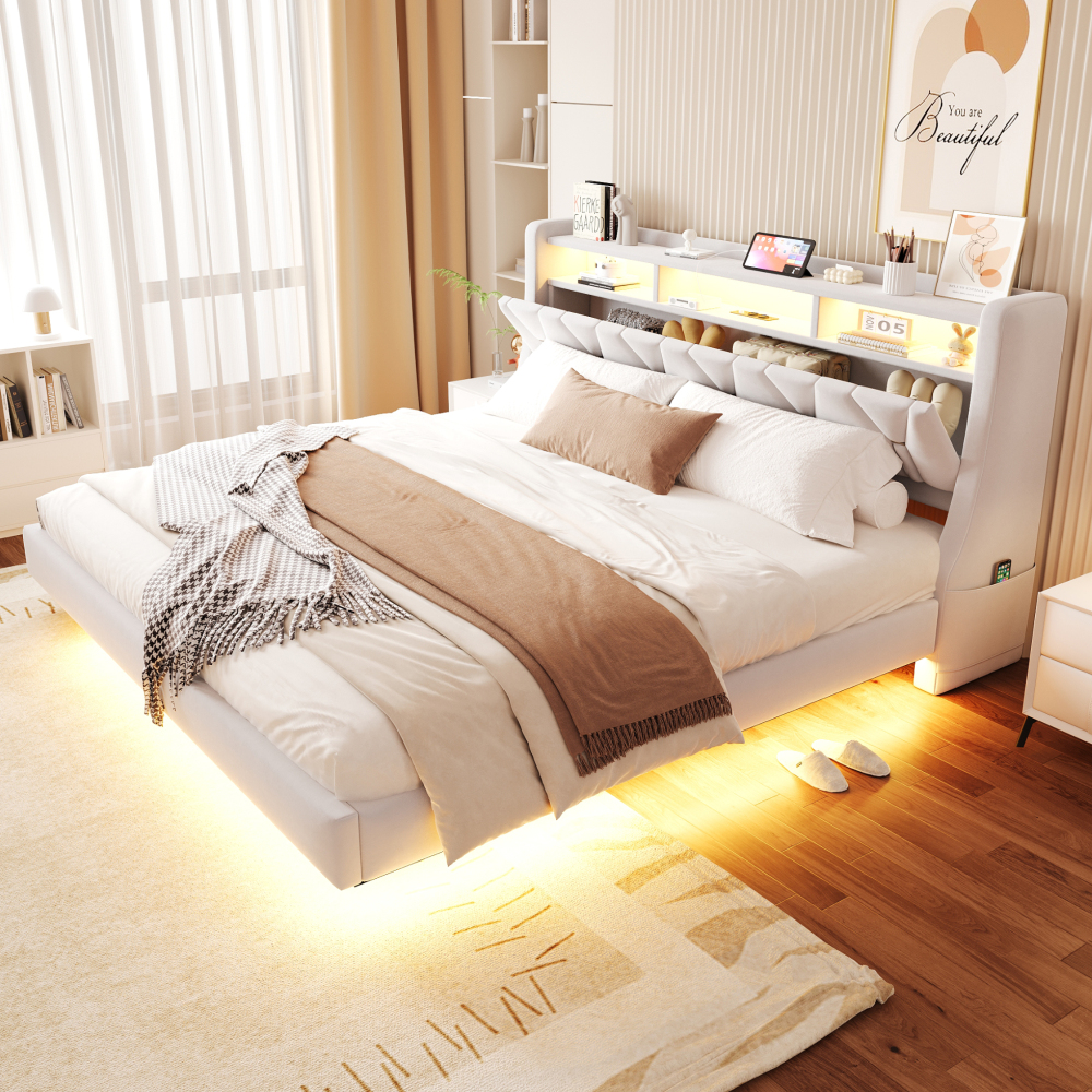Cama tapizada 180x200cm con cabecero reversible, LED y usb terciopelo beige