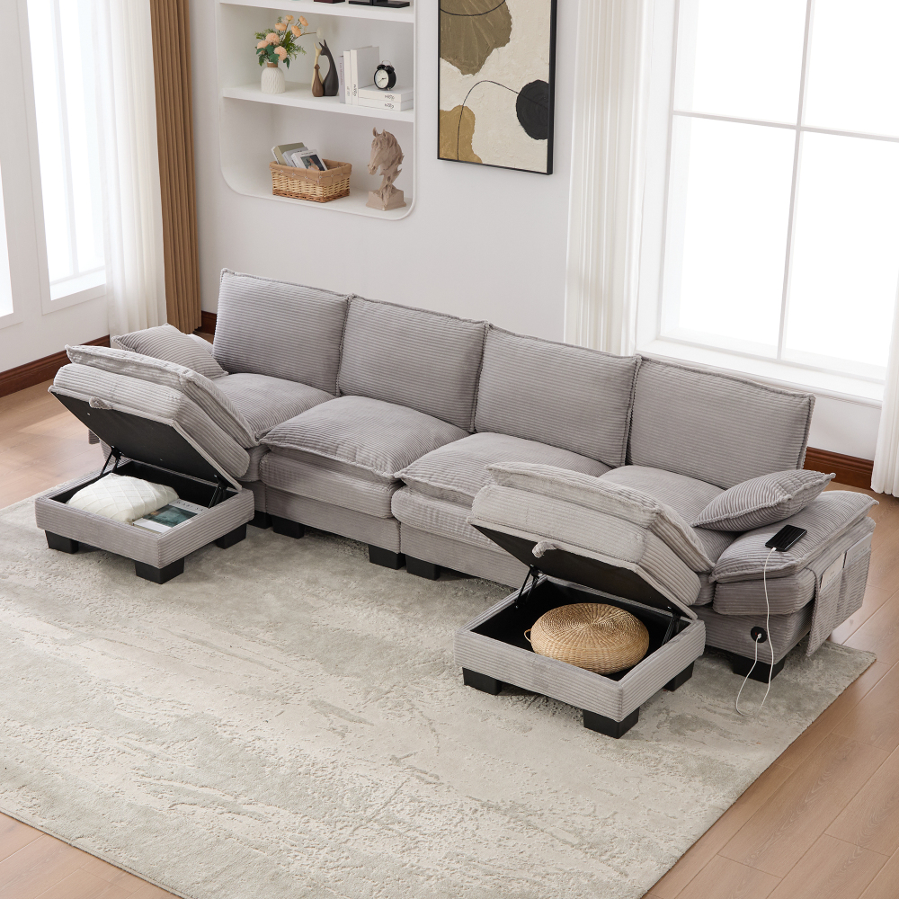 Sofá modular 4 plazas pana gris claro con 2 otomanas usb y bolsillos