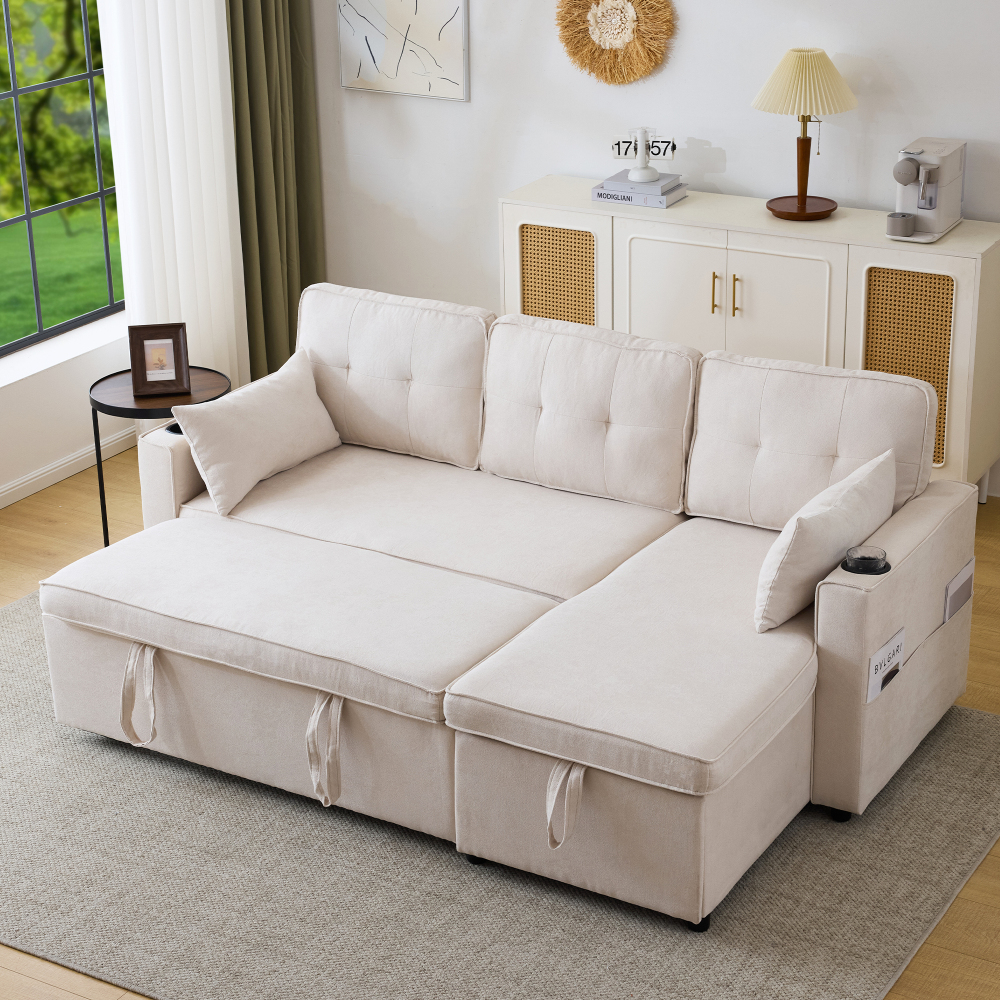 Sofá cama en l reversible algodón lino beige 3 plazas con arcón