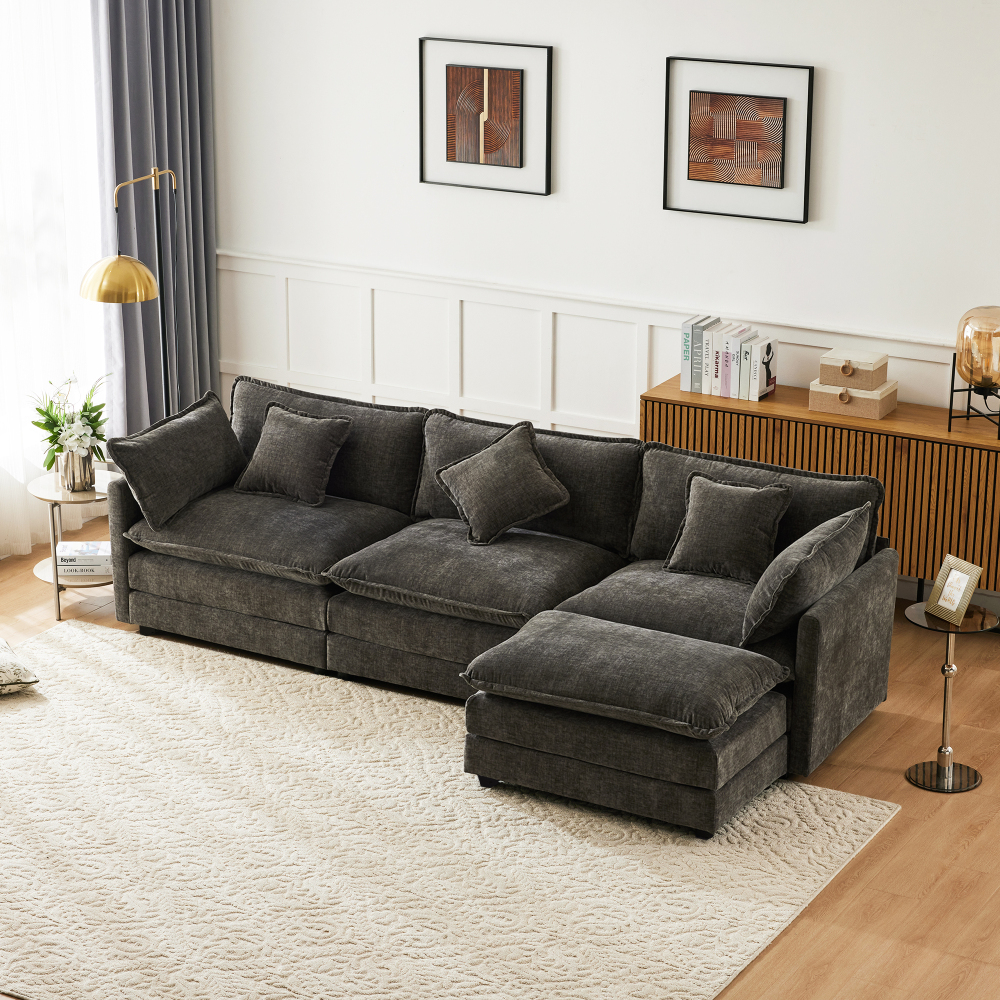 Sofá chaise longue l chenilla gris oscuro 3 plazas con reposapiés