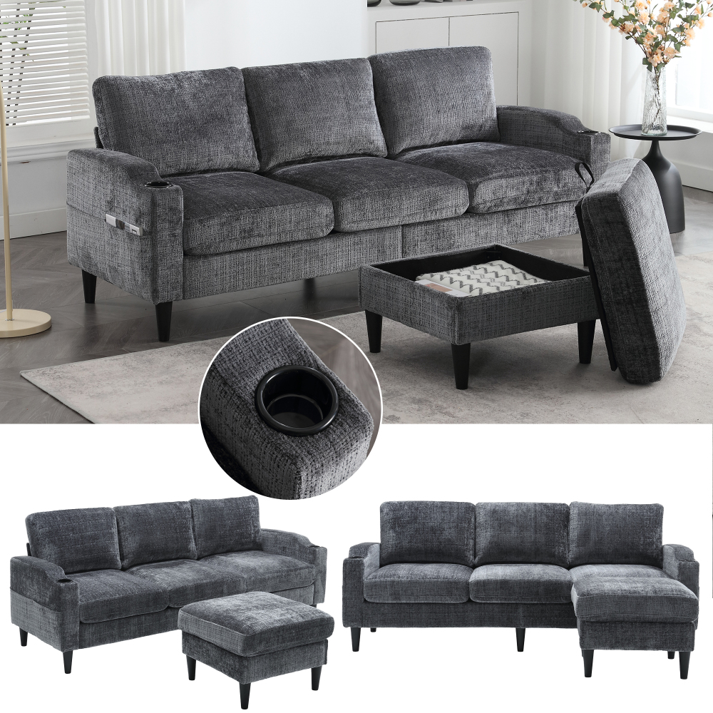 Sofá modular con hocker chenilla gris 4 plazas con almacenaje