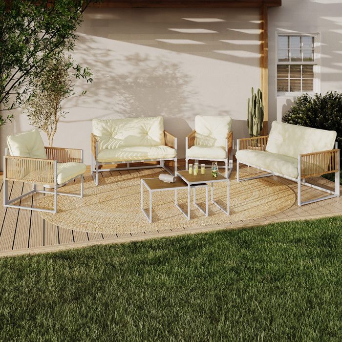 Salón de jardín bajo de 6 plazas - beige blanco ratán