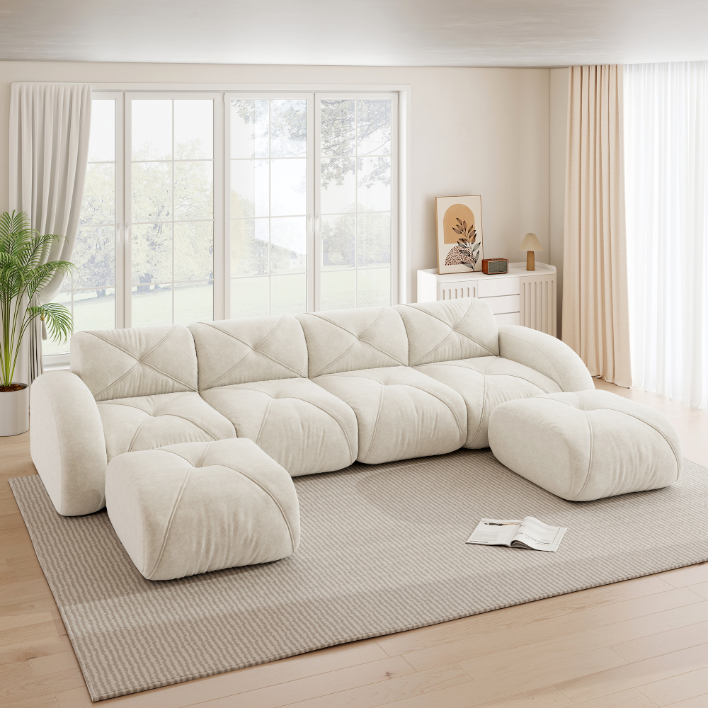 Sofá modular en u chenilla blanco 4 plazas con 2 otomanas para salón