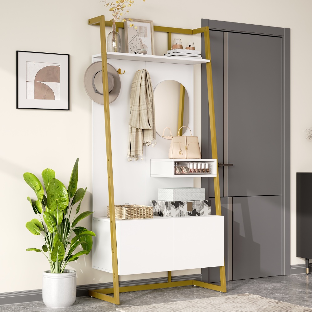 Mueble recibidor con espejo ganchos y zapatero blanco 180,5x78x38,5cm