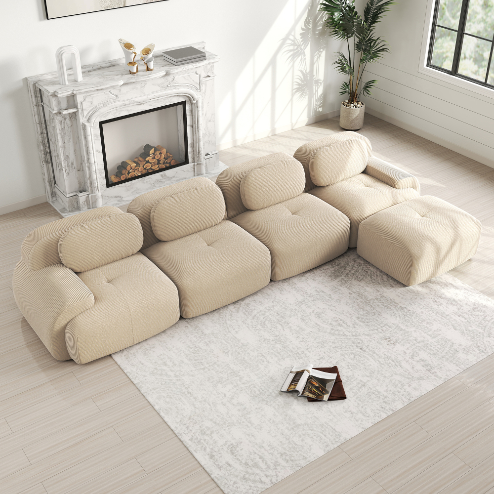 Sofá modular en l de pana beige 4 plazas con chaise longue sin montaje