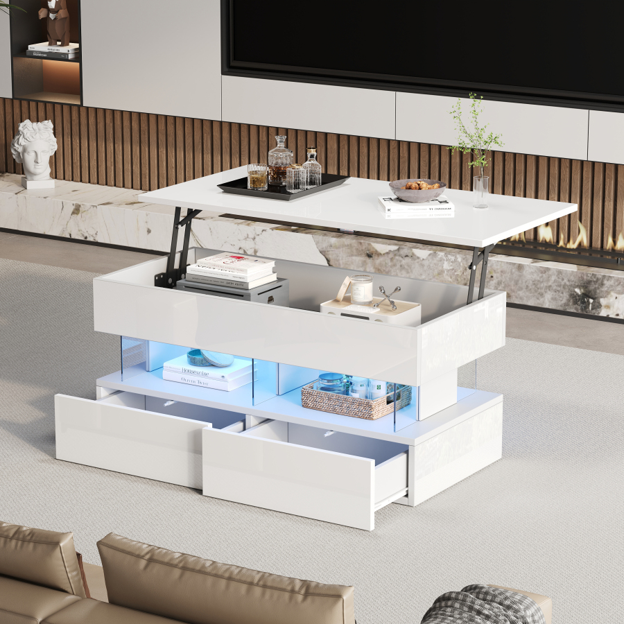 Mesa de centro elevable con LED 2 cajones blanco 46x100x50cm