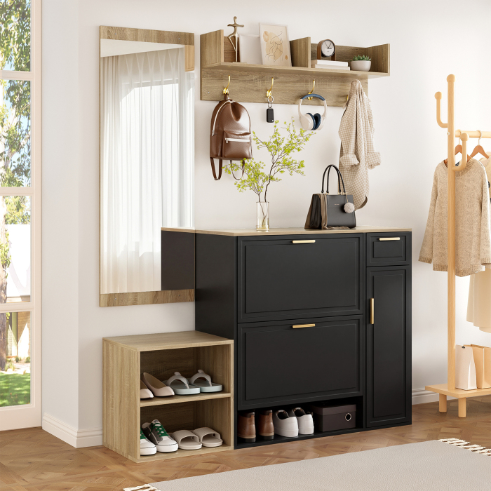 Mueble recibidor conjunto 4 piezas natural y negro 166x139,5x35cm