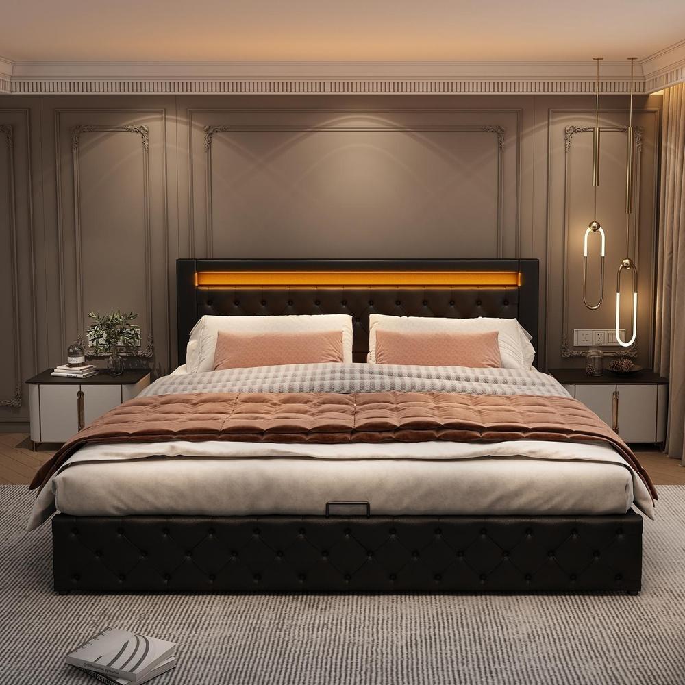 Cama 140x190cm con arcón hidráulico, LED y somier de láminas, negra