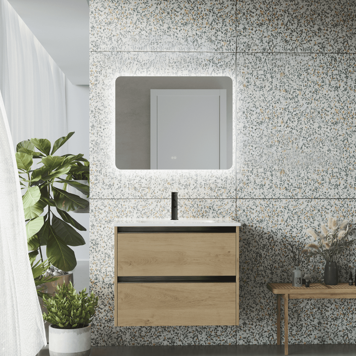 Mueble de baño con lavabo cerámico| 2 cajones | 60 cm roble tirador negro