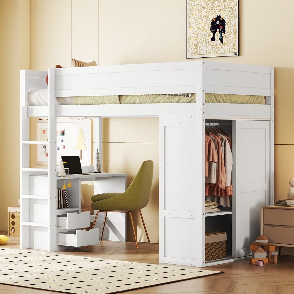 Cama alta 90x200cm armario, escritorio y cajones, pino y mdf – blanco